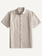 OROMEN Sashiko Stripe Cotton Shirt front flat lay in oatmeal with vertical sashiko stripes