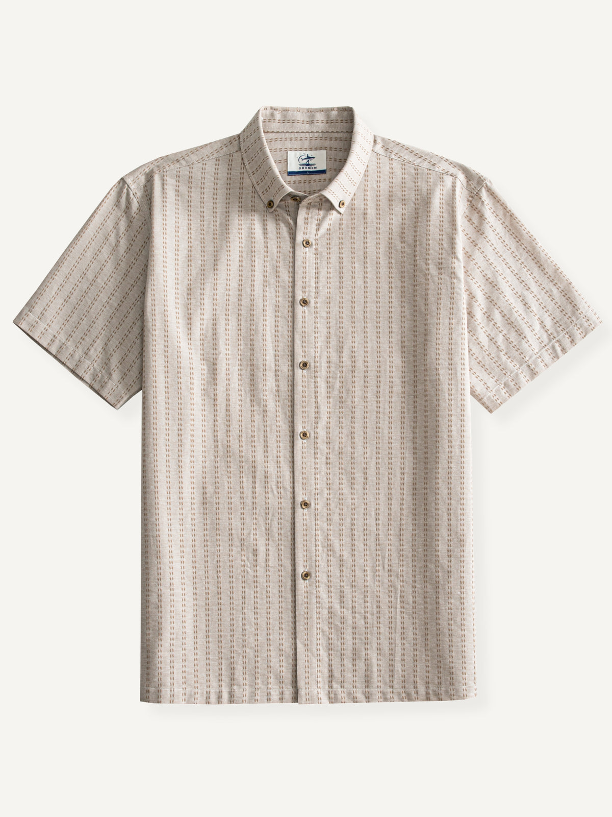 OROMEN Sashiko Stripe Cotton Shirt front flat lay in oatmeal with vertical sashiko stripes