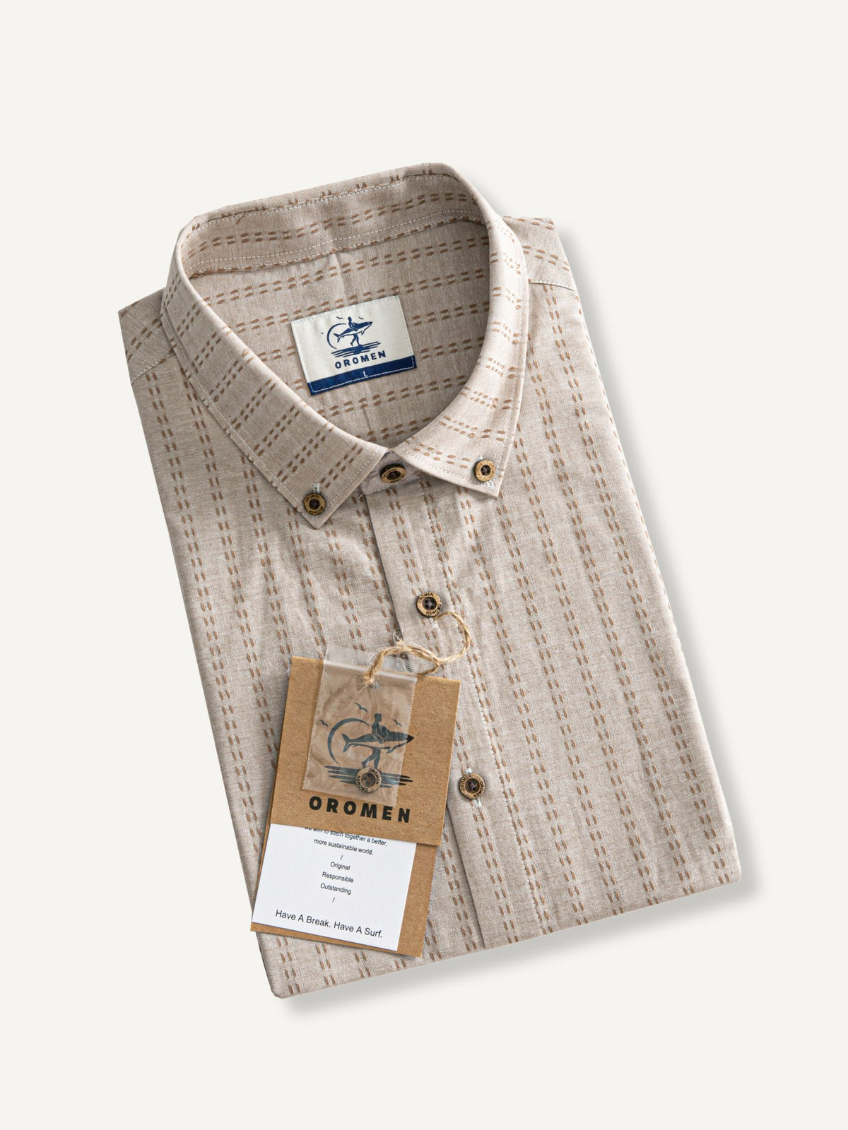 OROMEN Sashiko Stripe Cotton Shirt neatly folded flat lay displaying textured sashiko stitching