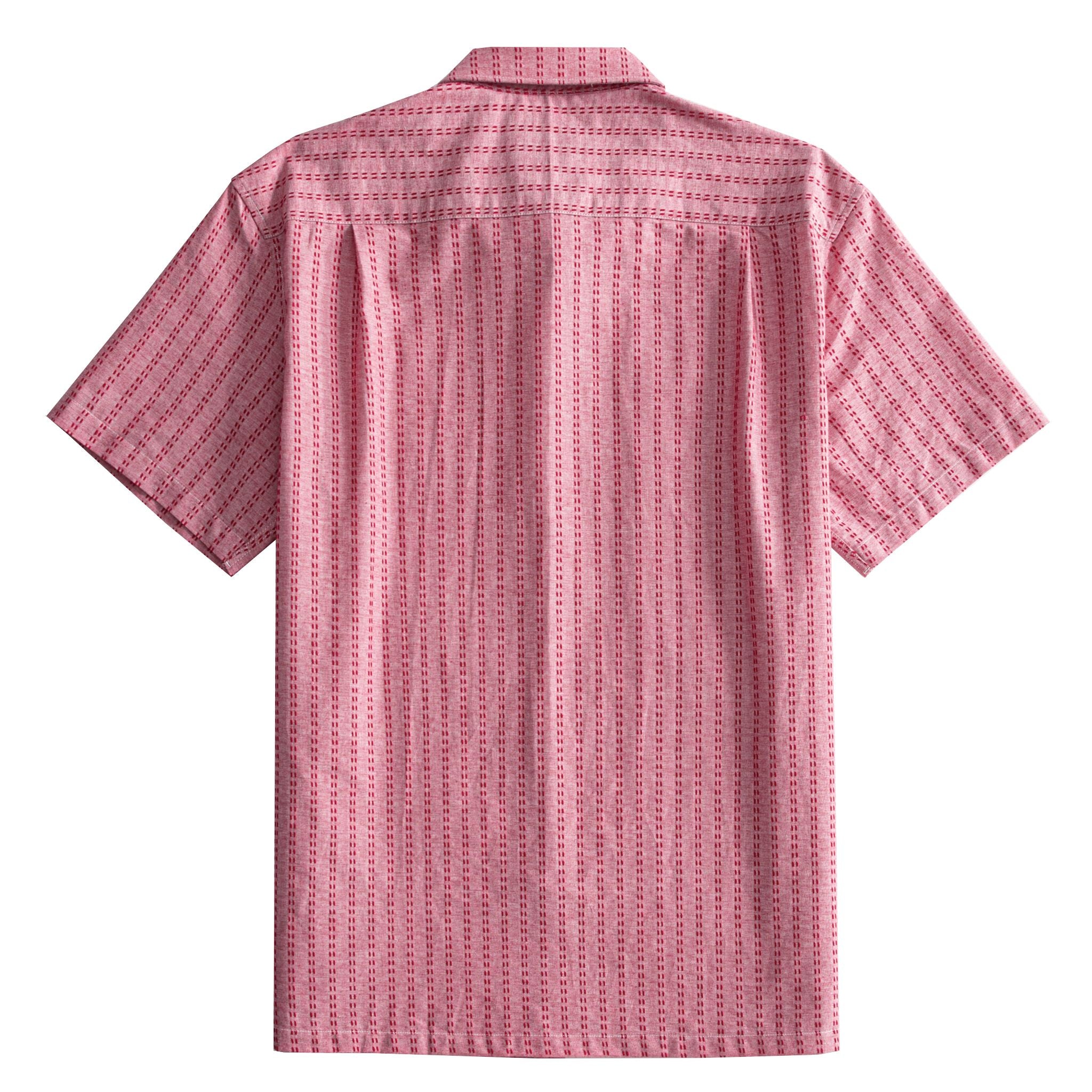 OROMEN Sashiko Stripe shirt back flat lay, allover crimson Sashiko stripe on rose pink