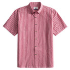 OROMEN Sashiko Stripe shirt front flat lay, allover crimson Sashiko running stitch stripe on rose pink