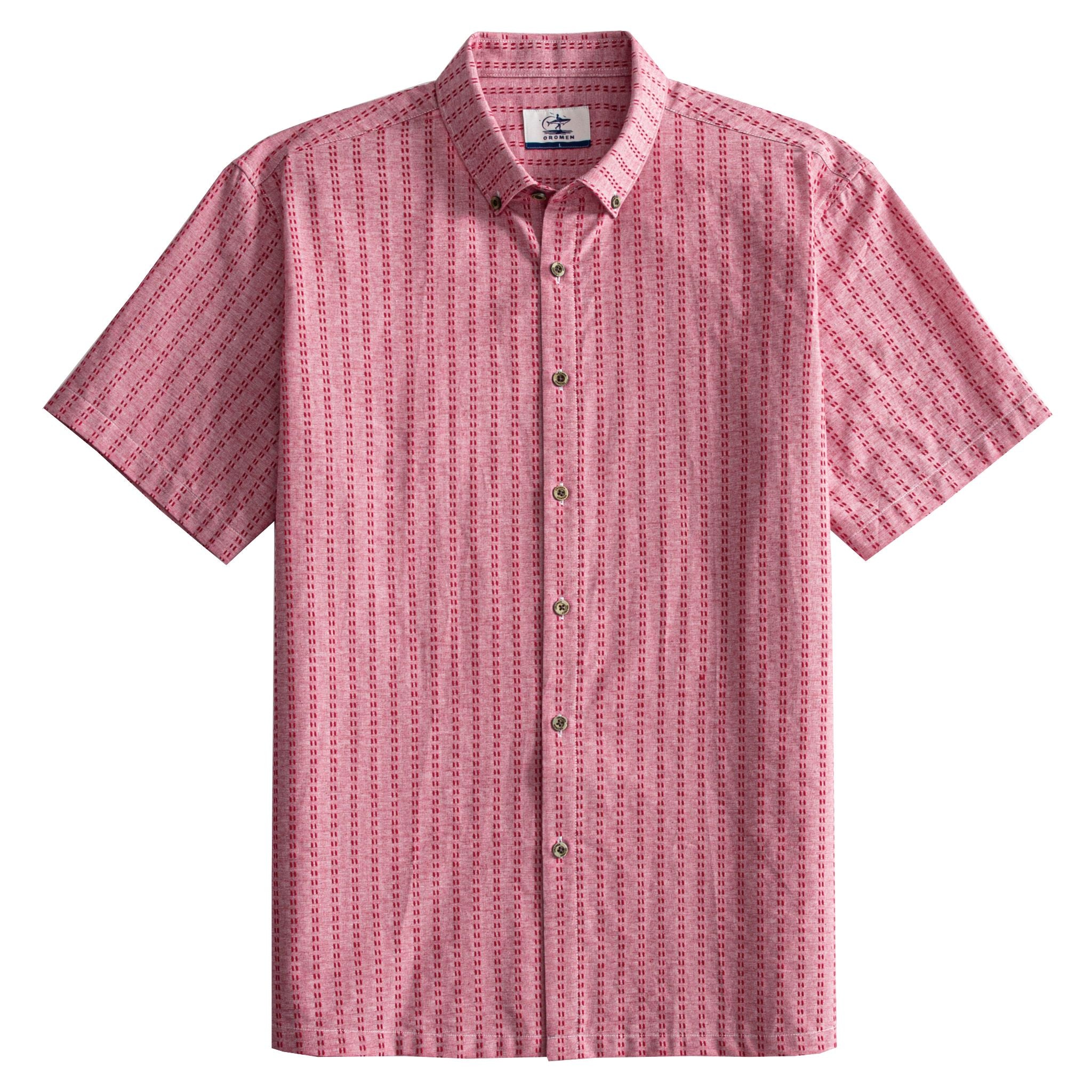 OROMEN Sashiko Stripe shirt front flat lay, allover crimson Sashiko running stitch stripe on rose pink