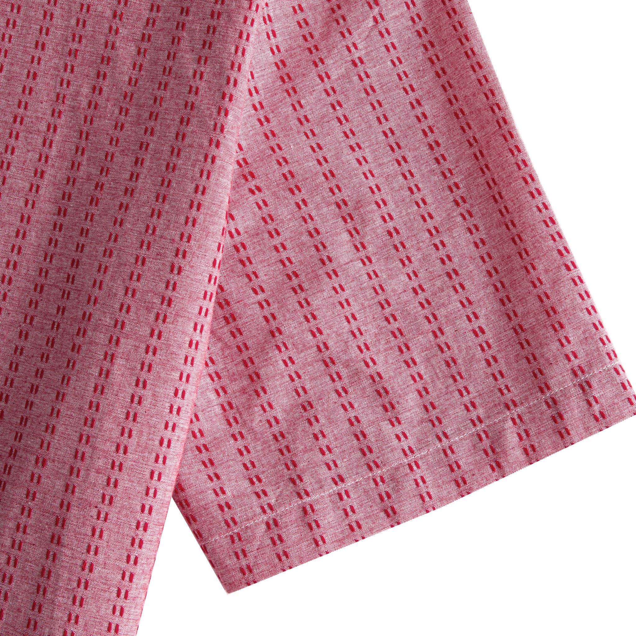 OROMEN Sashiko Stripe shirt sleeve detail, crimson running stitch stripe on rose pink cotton