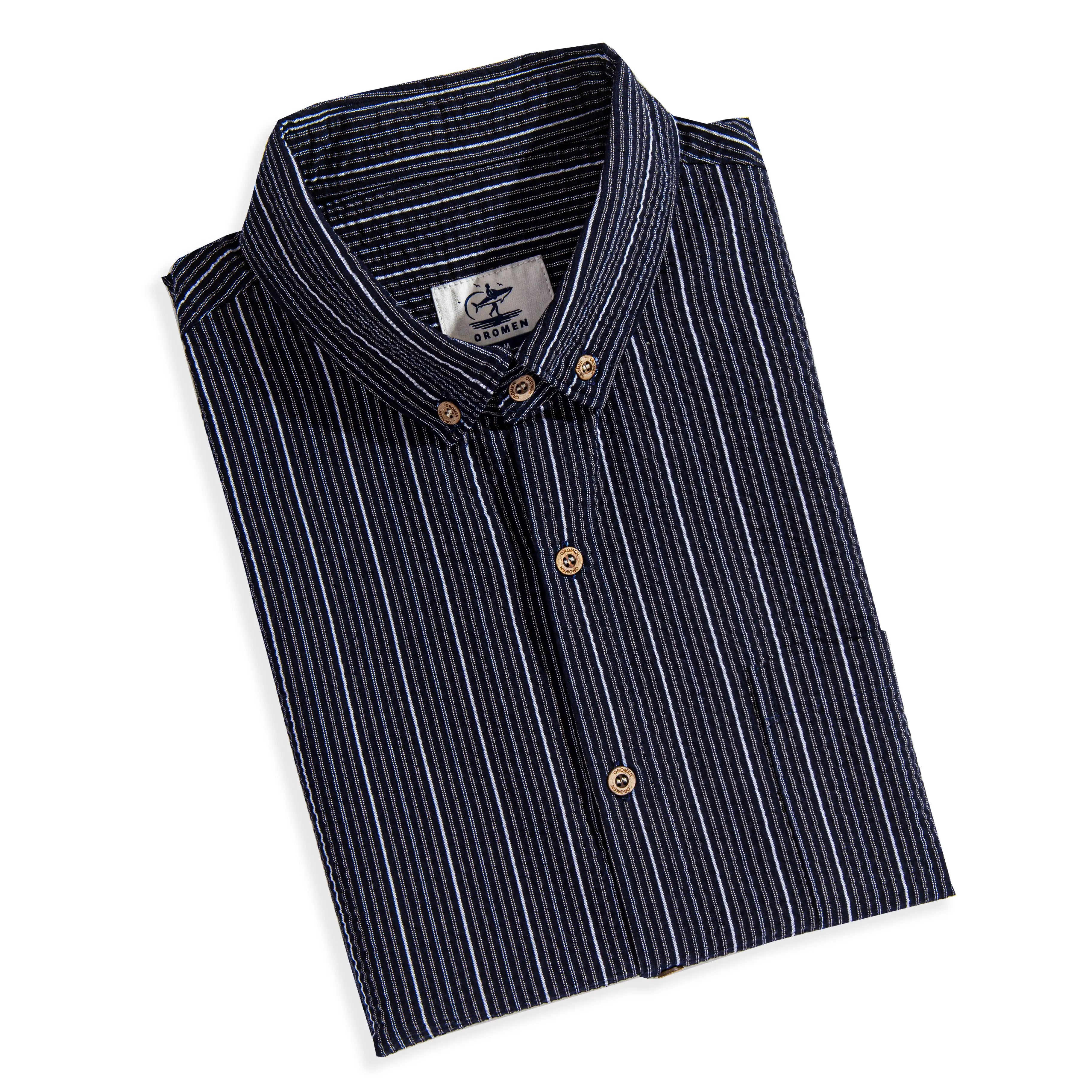 OROMEN Seersucker Shirt Folded — 100% Cotton Lightweight Fabric