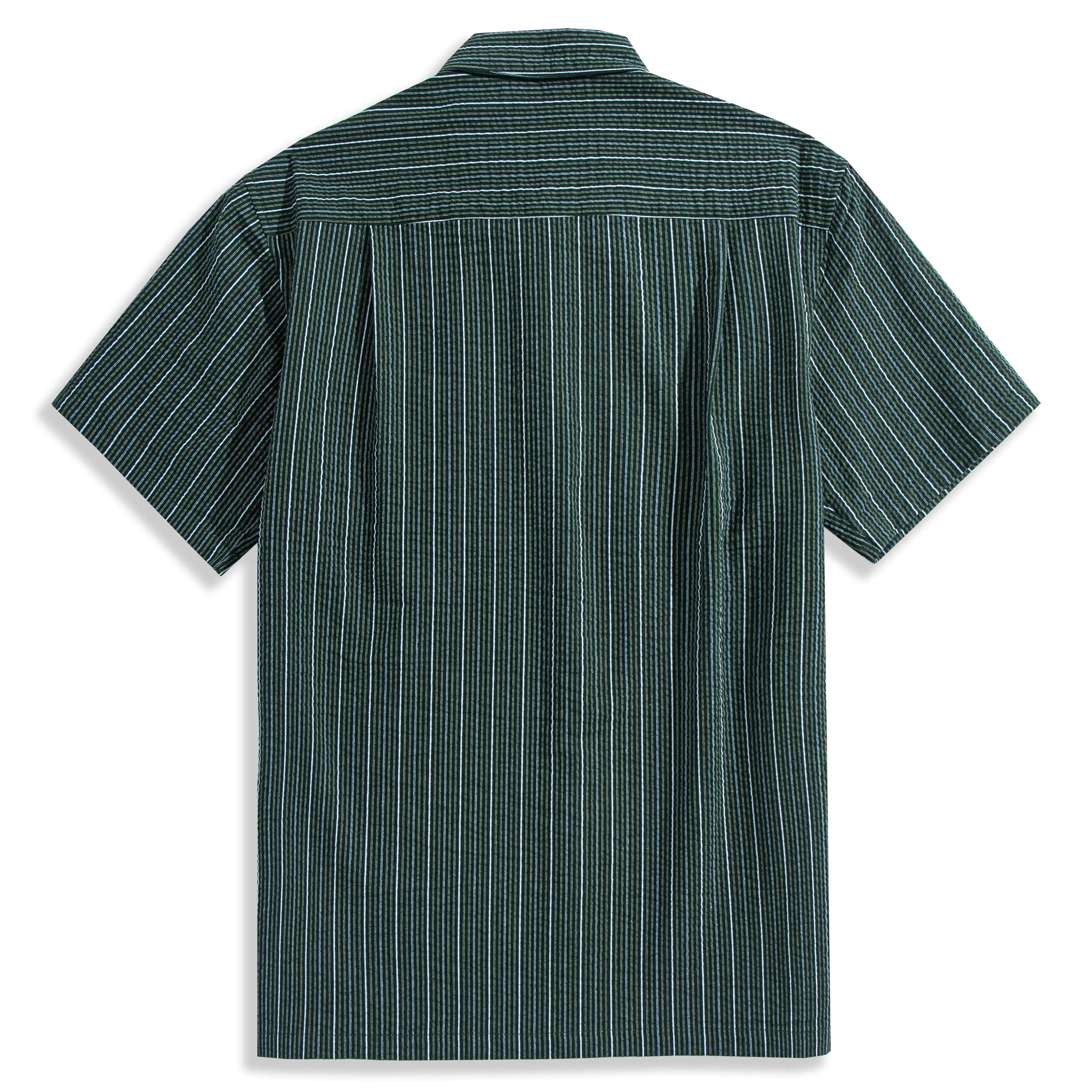 OROMEN Seersucker Striped Shirt — Back View with Box Pleat