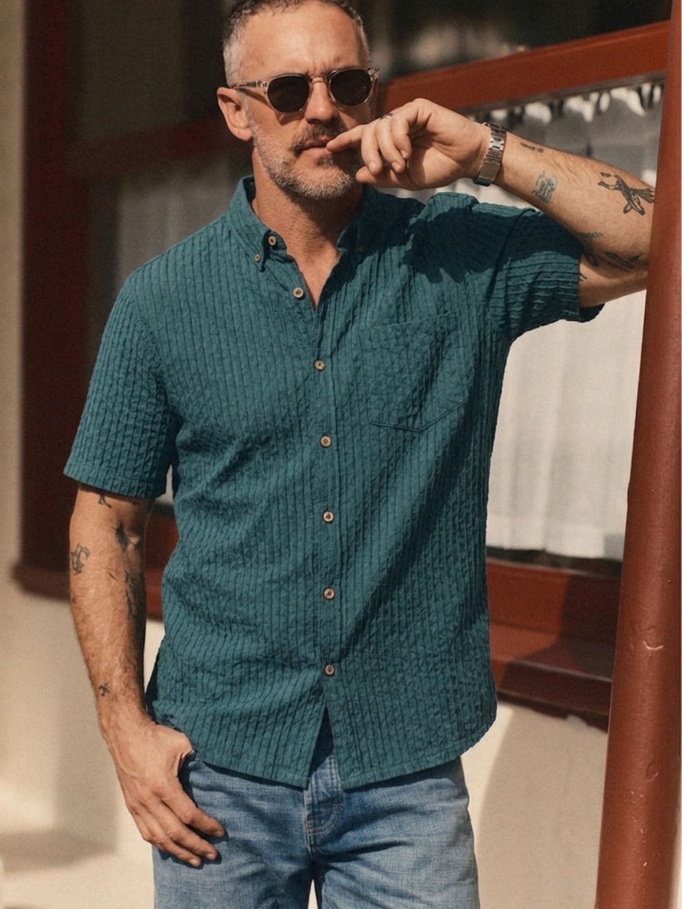 OROMEN Shadow-Stripe Diamond Textured Shirt – Model Shot