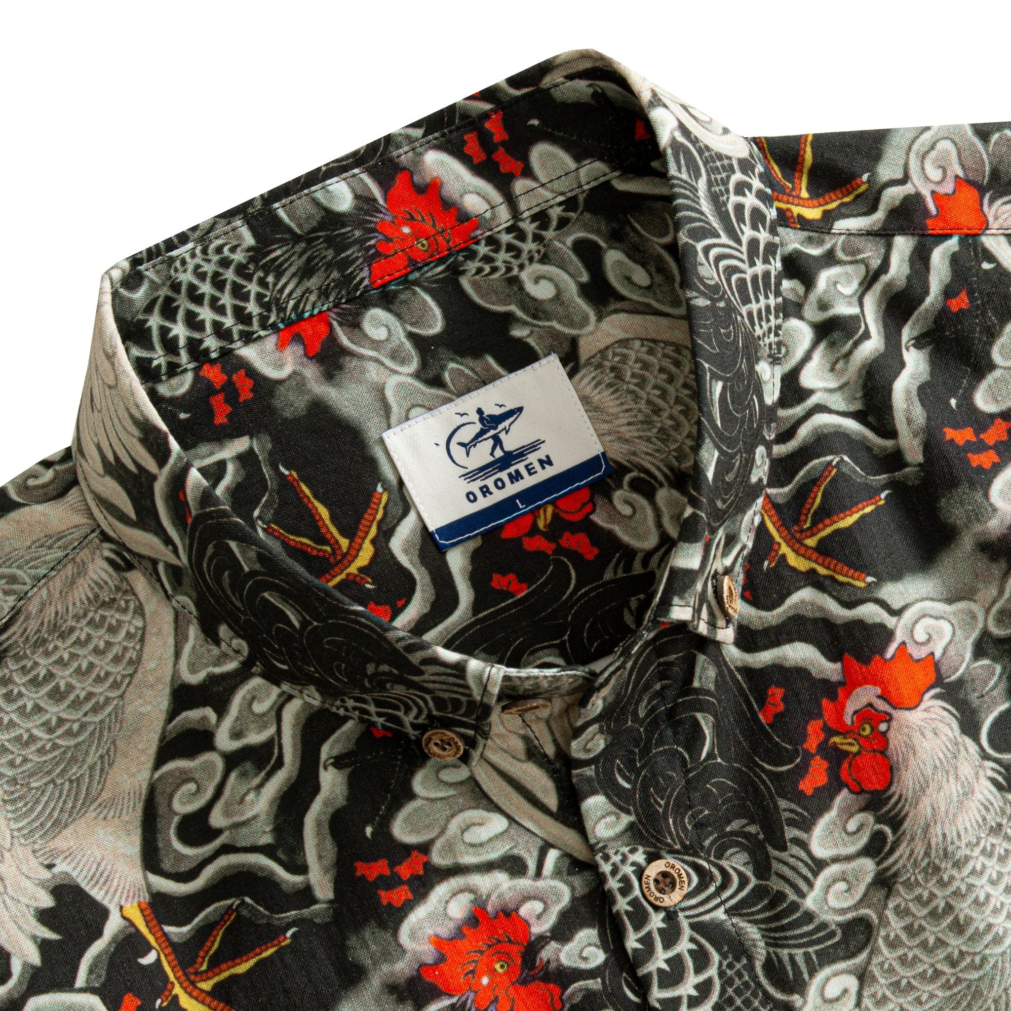 OROMEN Signature Ukiyo e Rooster Shirt Button Down Collar