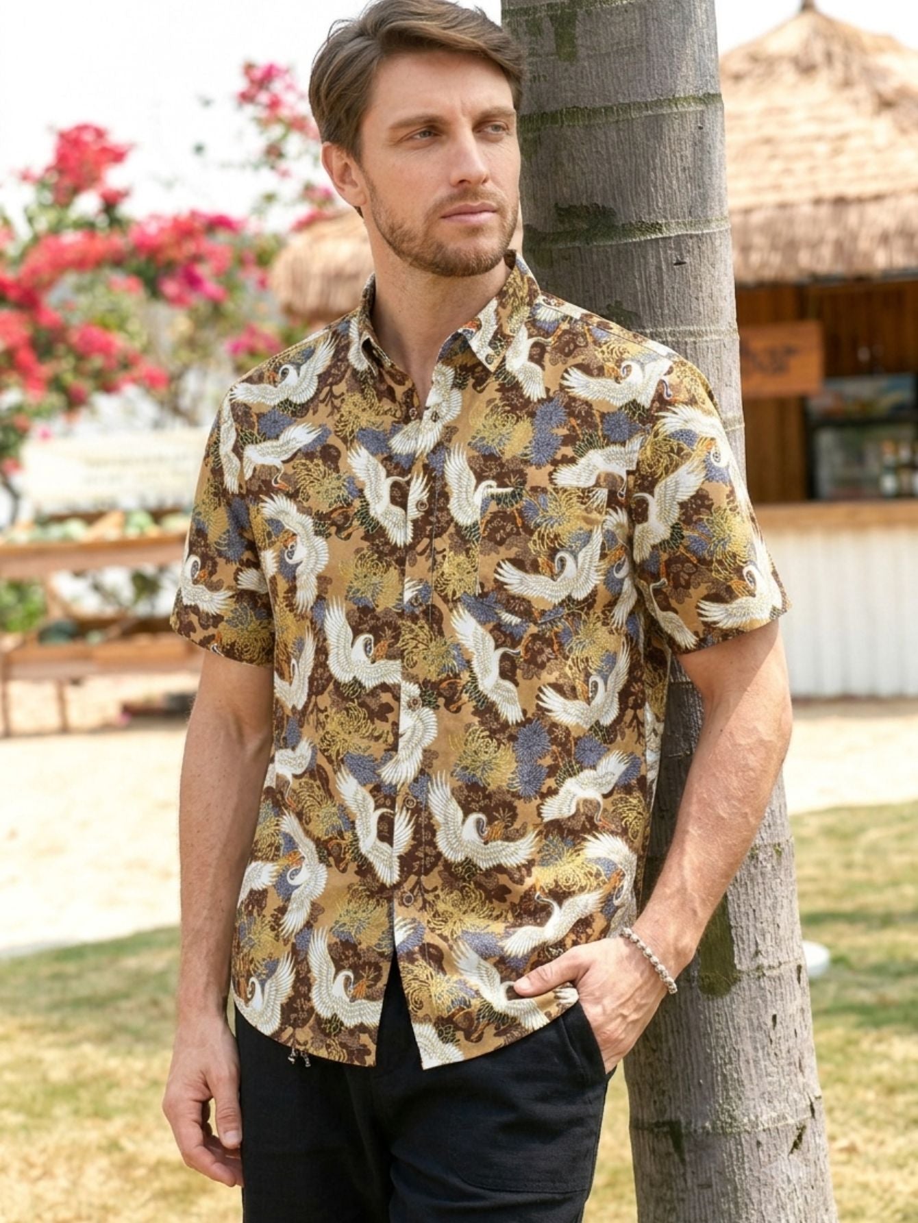 OROMEN Soaring Crane Hawaiian Shirt – Model Wearing Hand-Painted Ukiyo-e Crane Print, 100% Cotton