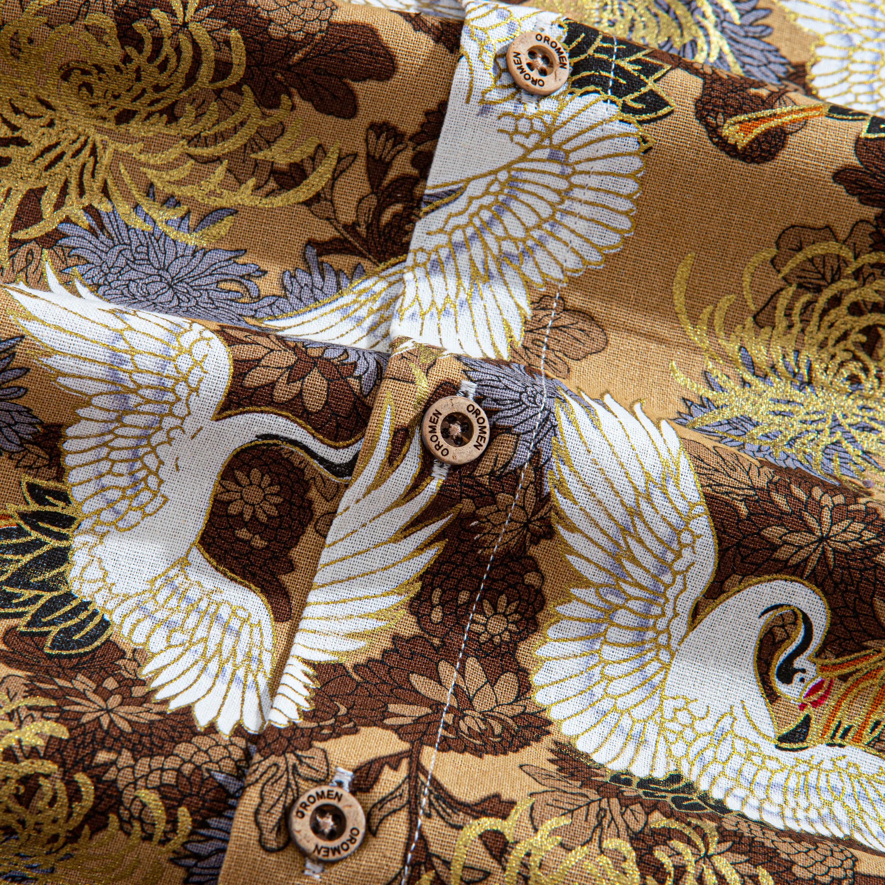 OROMEN Soaring Crane Shirt – Natural Coconut Buttons Detail
