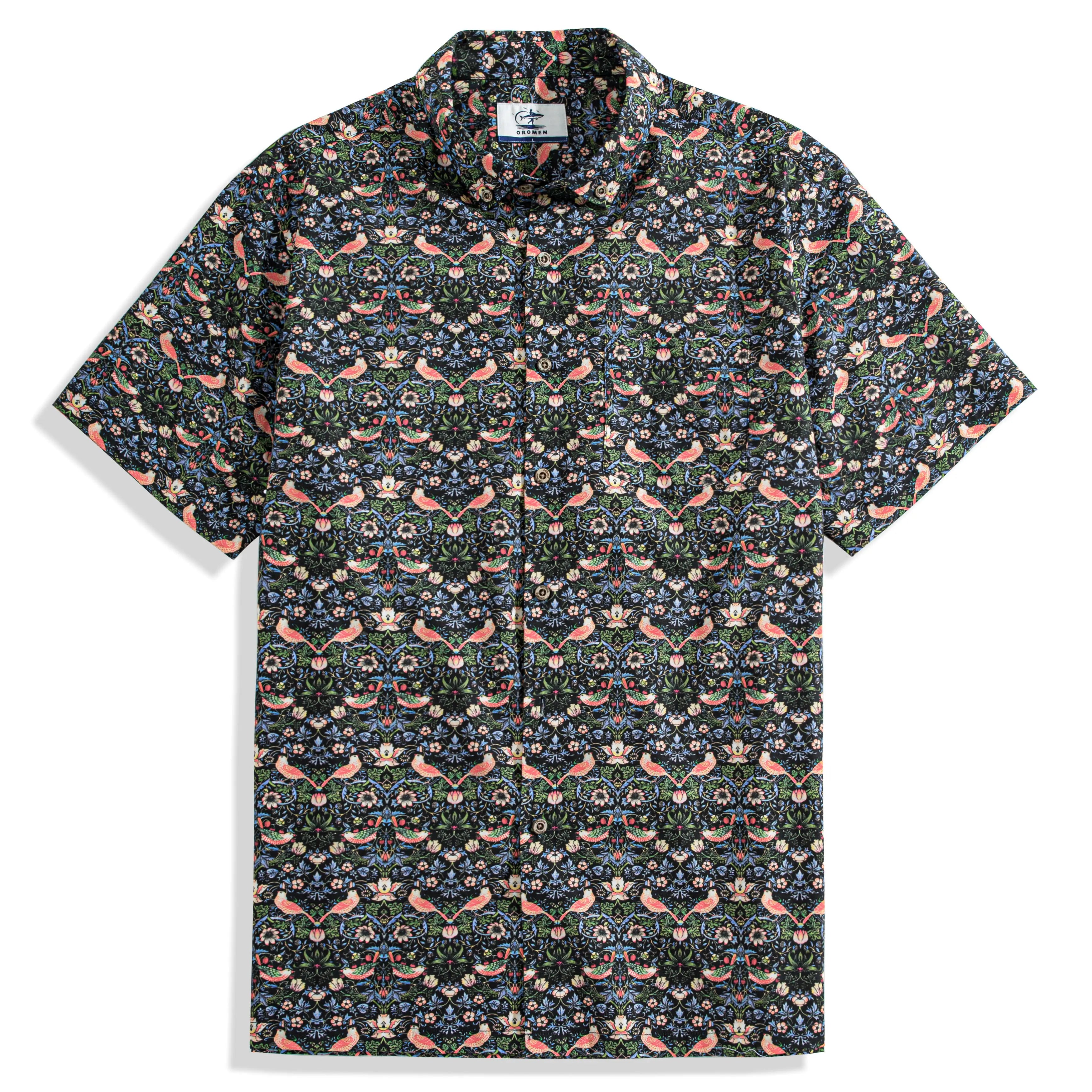 OROMEN Strawberry Thief Aloha Shirt – Japanese floral print camp collar front detail