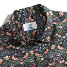 OROMEN Strawberry Thief Aloha Shirt – camp collar close-up with brand label, bird and floral print detail