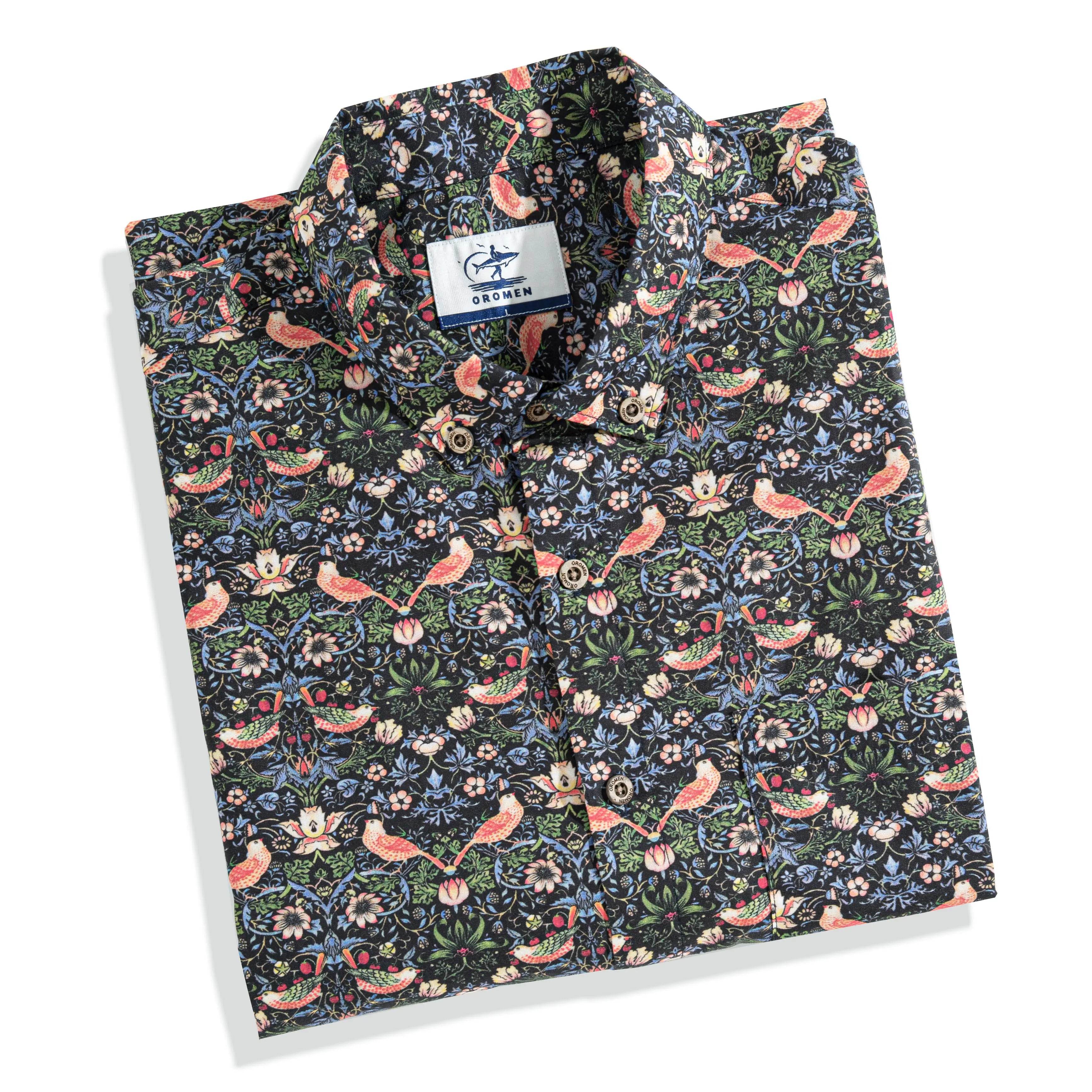 OROMEN Strawberry Thief Aloha Shirt – folded flat lay showing full bird and floral print pattern