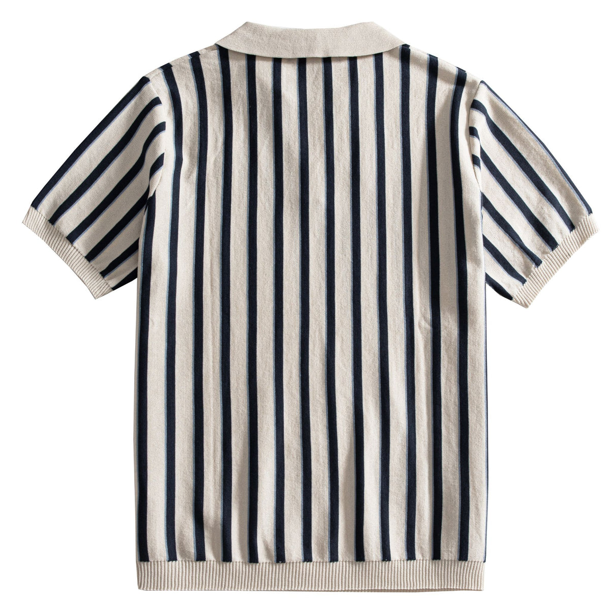 OROMEN Stripe Knit Open-Collar Polo cream back flat lay full view