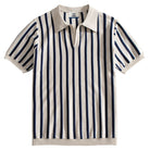 OROMEN Stripe Knit Open-Collar Polo cream front flat lay full view