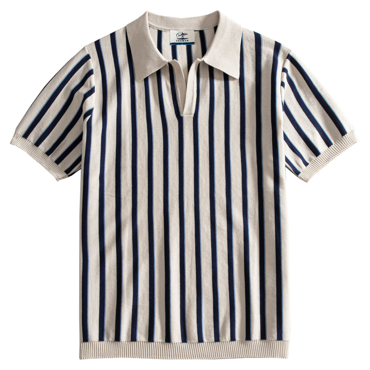 OROMEN Stripe Knit Open-Collar Polo cream front flat lay full view