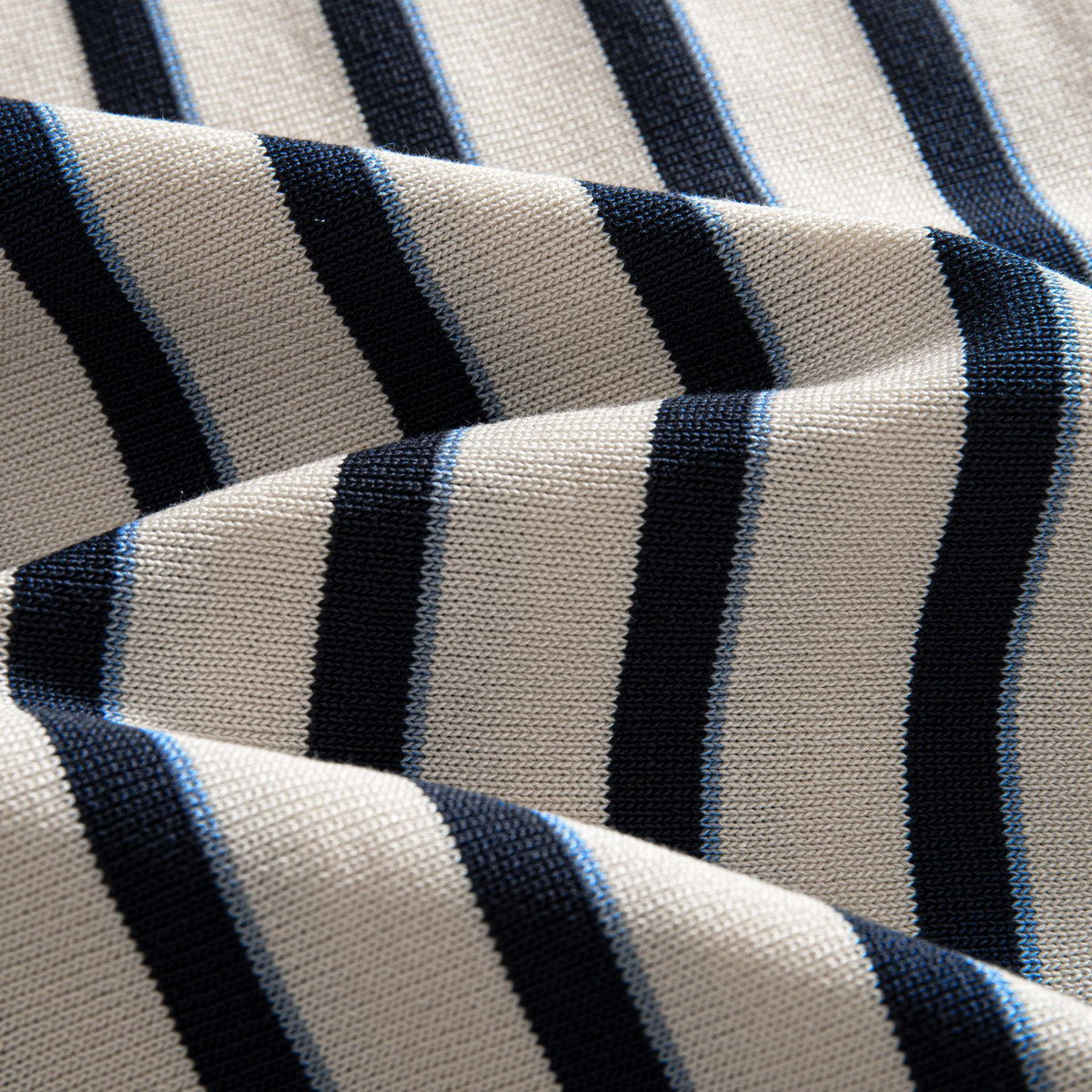 OROMEN Stripe Knit Open-Collar Polo cream navy stripe knit fabric texture close-up