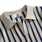 OROMEN Stripe Knit Open-Collar Polo cream open polo collar detail close-up