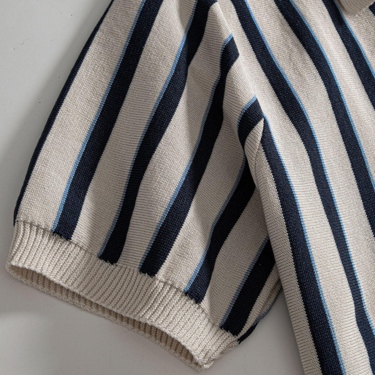 OROMEN Stripe Knit Open-Collar Polo cream sleeve ribbed cuff detail