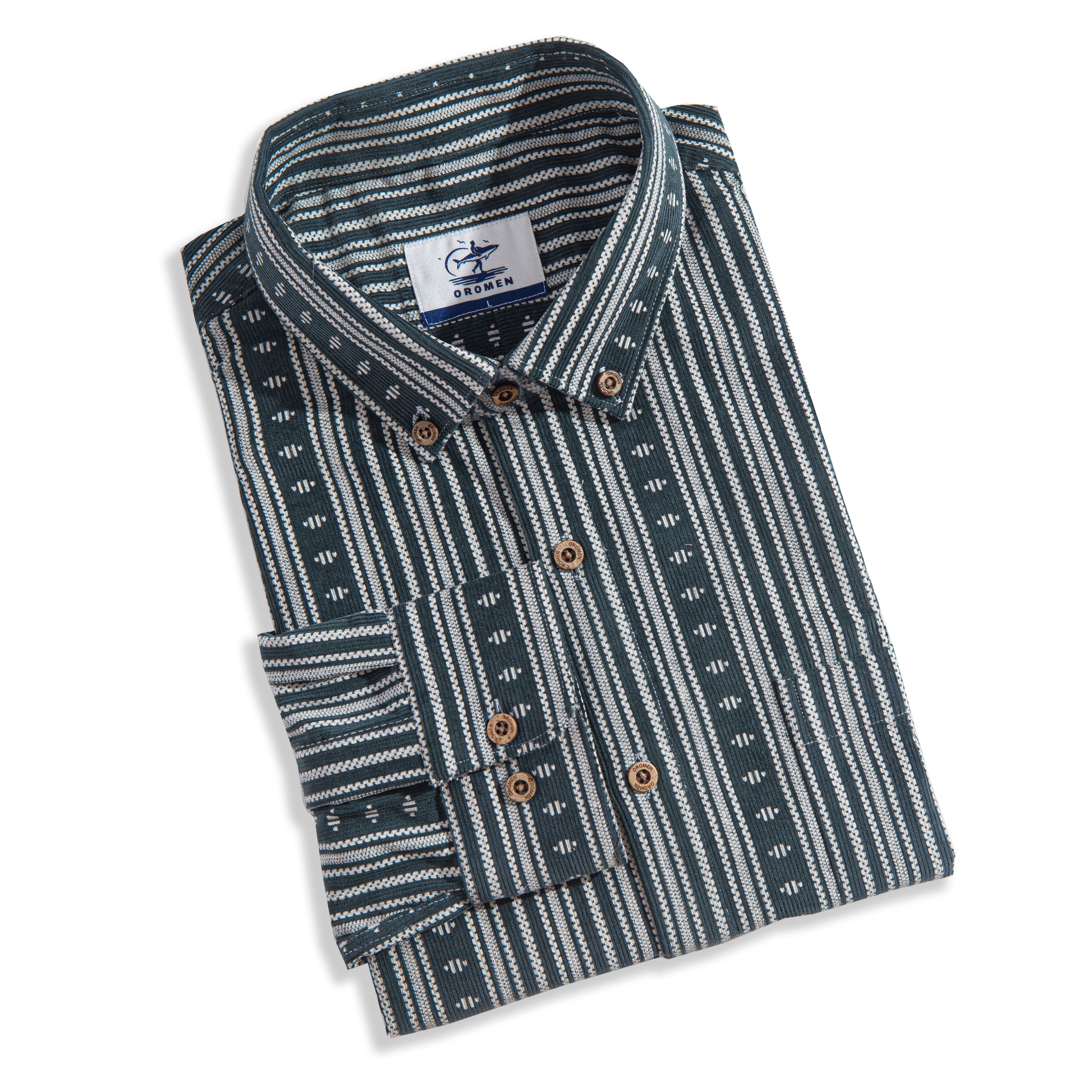 OROMEN Striped Corduroy Long Sleeve Shirt Folded Display