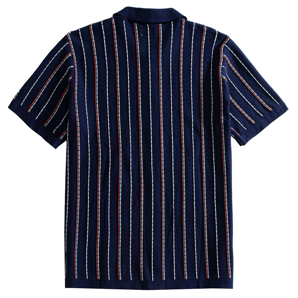 OROMEN Striped Jacquard Openwork Knit Polo navy blue back flat lay full view