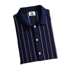 OROMEN Striped Jacquard Openwork Knit Polo navy blue folded display with label