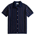 OROMEN Striped Jacquard Openwork Knit Polo navy blue front flat lay full view