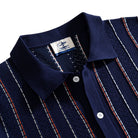 OROMEN Striped Jacquard Openwork Knit Polo navy blue polo collar detail close-up