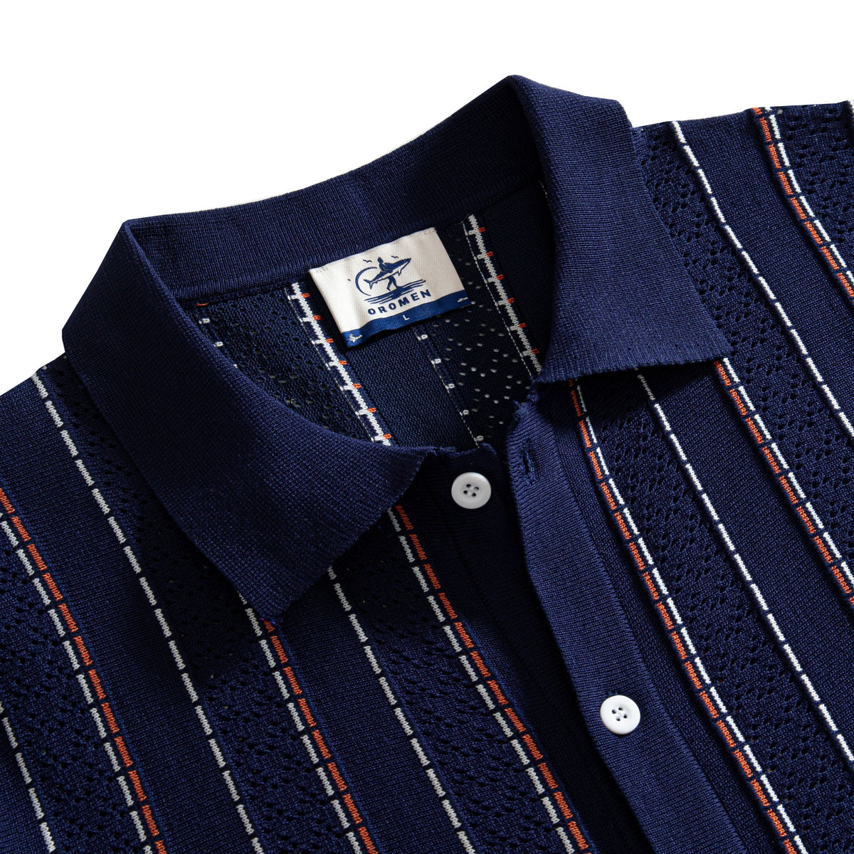 OROMEN Striped Jacquard Openwork Knit Polo navy blue polo collar detail close-up