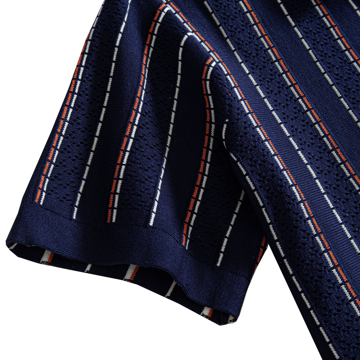OROMEN Striped Jacquard Openwork Knit Polo navy blue sleeve hem cuff detail