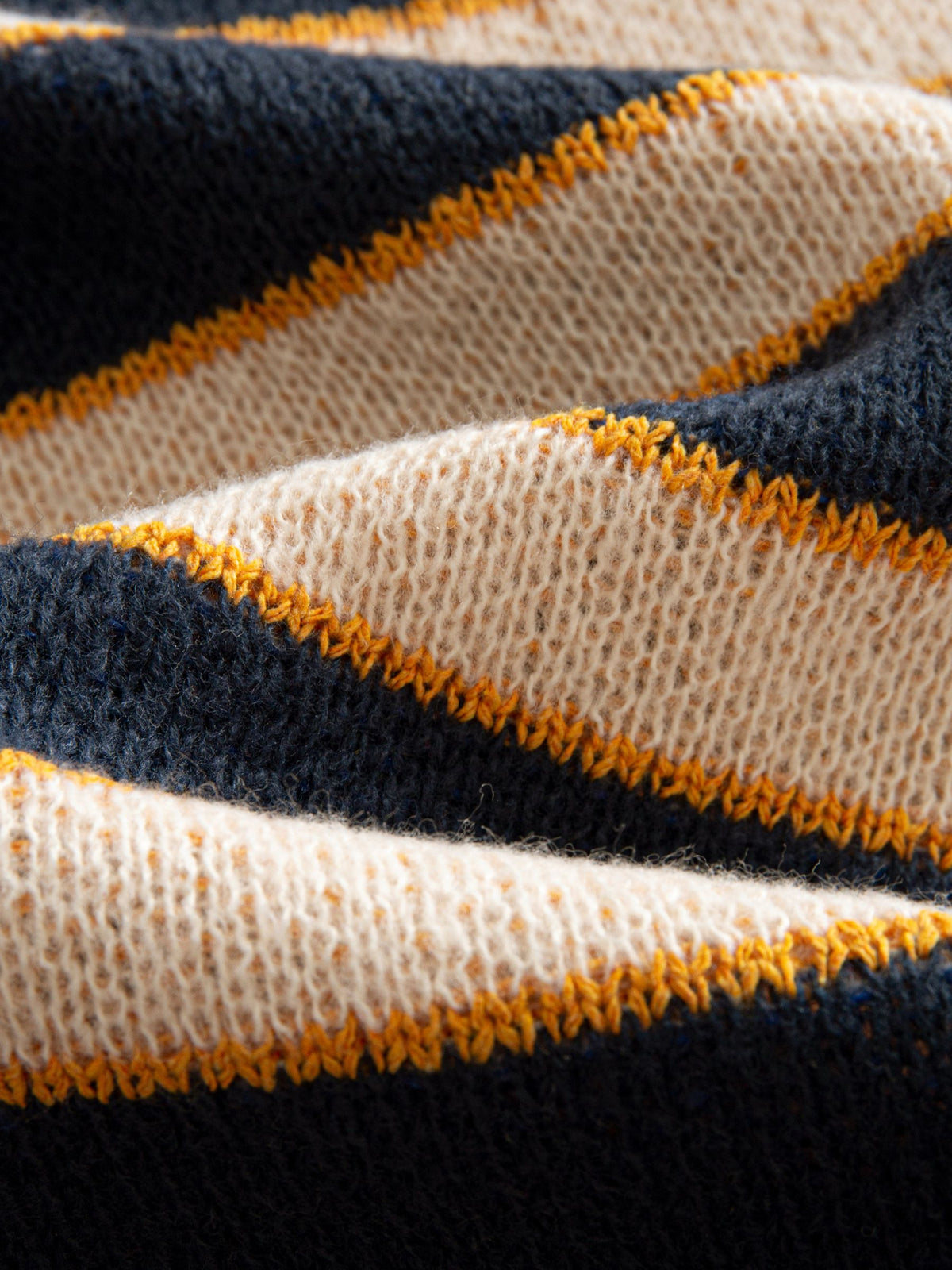 OROMEN Striped Swirl Jacquard Knit Cardigan fabric detail highlighting navy and mustard stripes