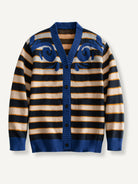 OROMEN Striped Swirl Jacquard Knit Cardigan front flat lay in navy blue with swirl chest motifs