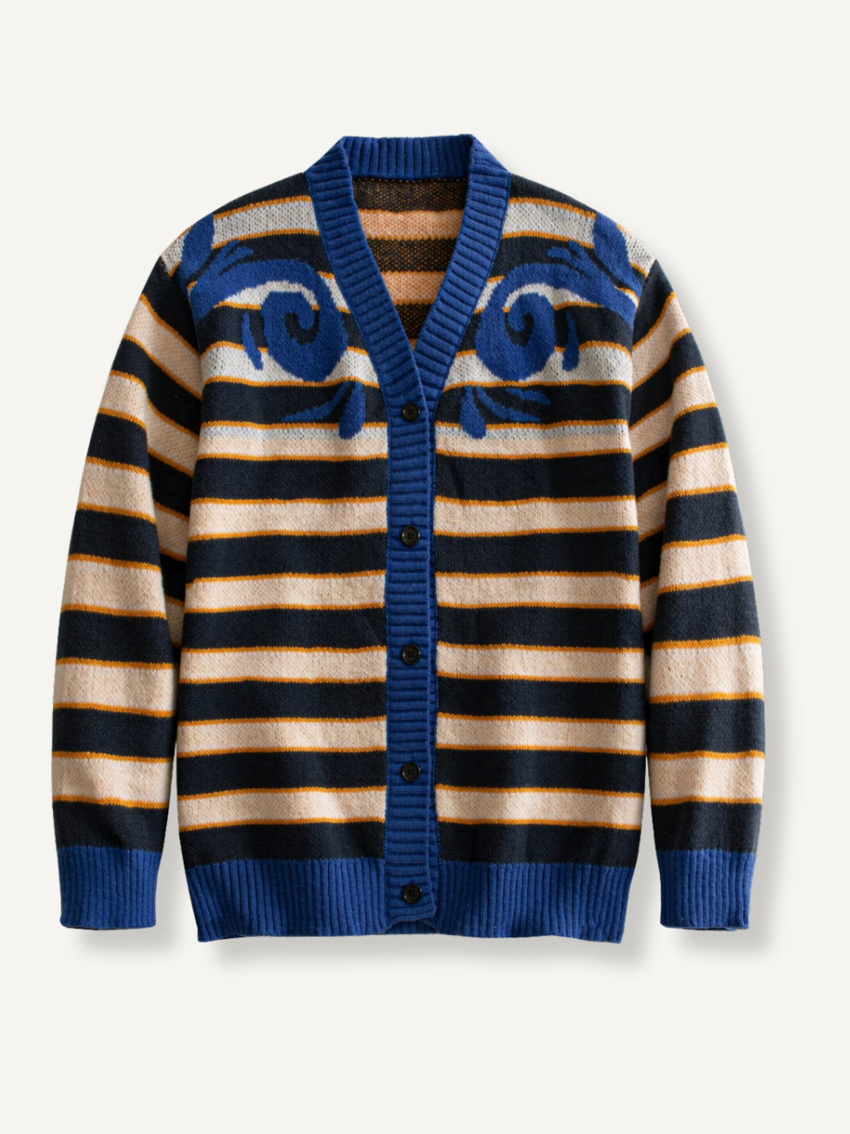 OROMEN Striped Swirl Jacquard Knit Cardigan front flat lay in navy blue with swirl chest motifs