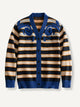 OROMEN Striped Swirl Jacquard Knit Cardigan front flat lay in navy blue with swirl chest motifs