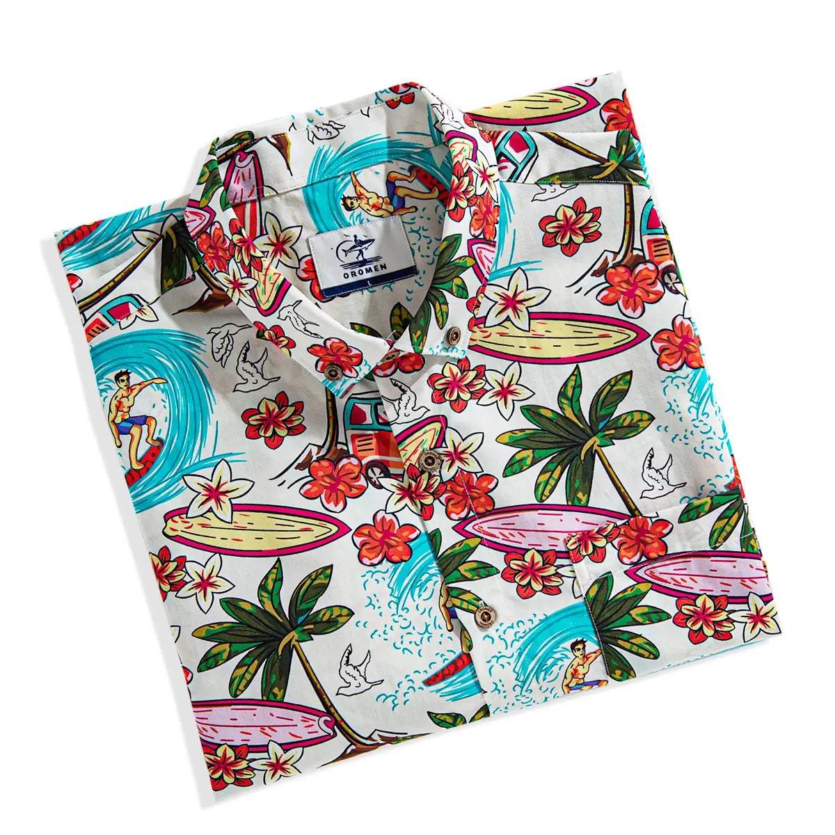 OROMEN Surf Junkie Aloha Shirt – Back View Hawaiian Floral Print