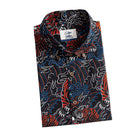 OROMEN Tiger Wave Hawaiian Shirt – folded flat lay with OROMEN brand label button-down collar and coconut buttons full view of black ground red Japanese tiger and wave print