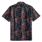 OROMEN Tiger Wave Hawaiian Shirt – back view showing all-over symmetrical red Japanese tiger print with blue waves white clouds and maple leaves on black short sleeve with back box pleat
