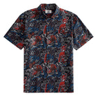 OROMEN Tiger Wave Hawaiian Shirt – front full view on white background black ground with all-over red Japanese tiger blue ocean wave and maple leaf print button-down collar