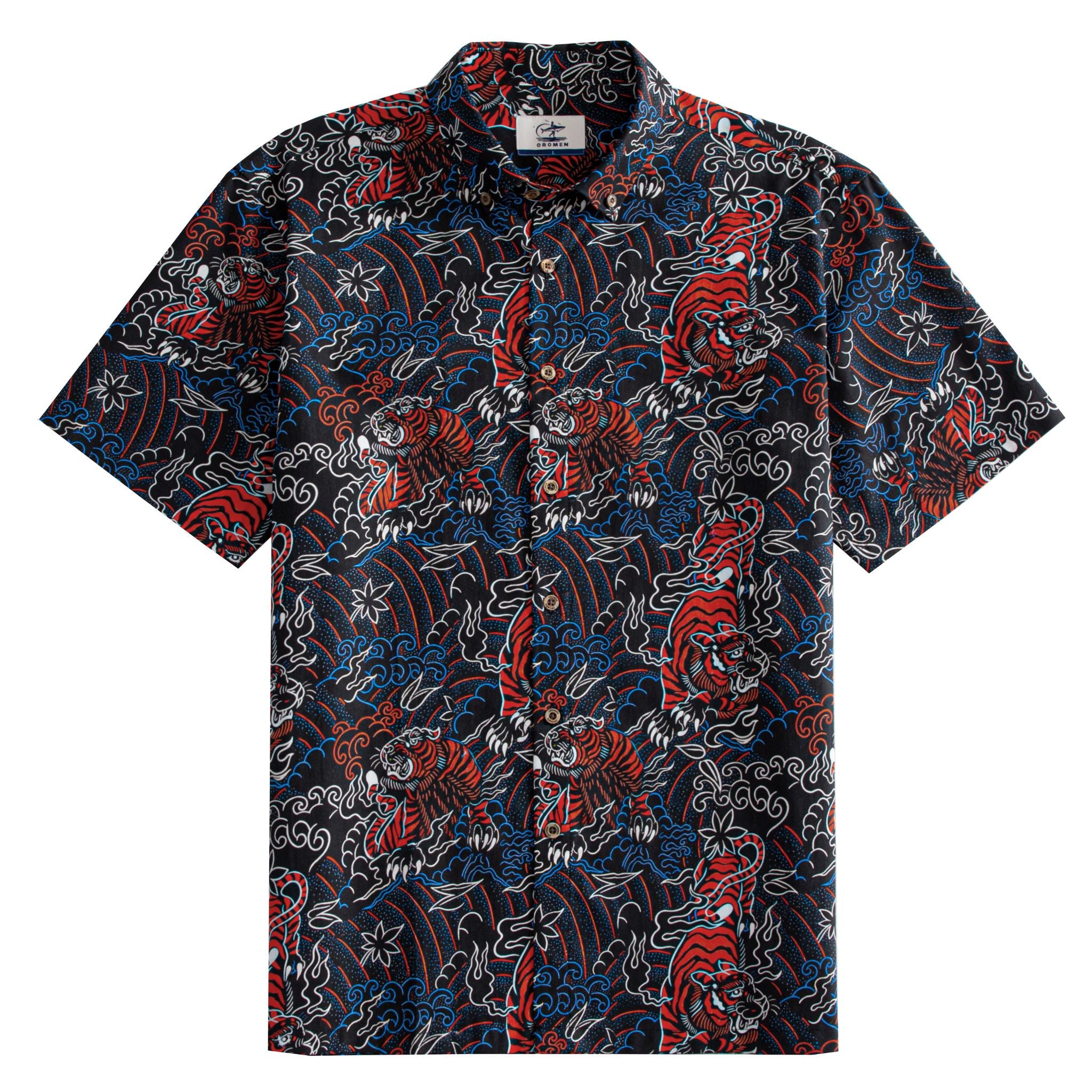 OROMEN Tiger Wave Hawaiian Shirt – front full view on white background black ground with all-over red Japanese tiger blue ocean wave and maple leaf print button-down collar
