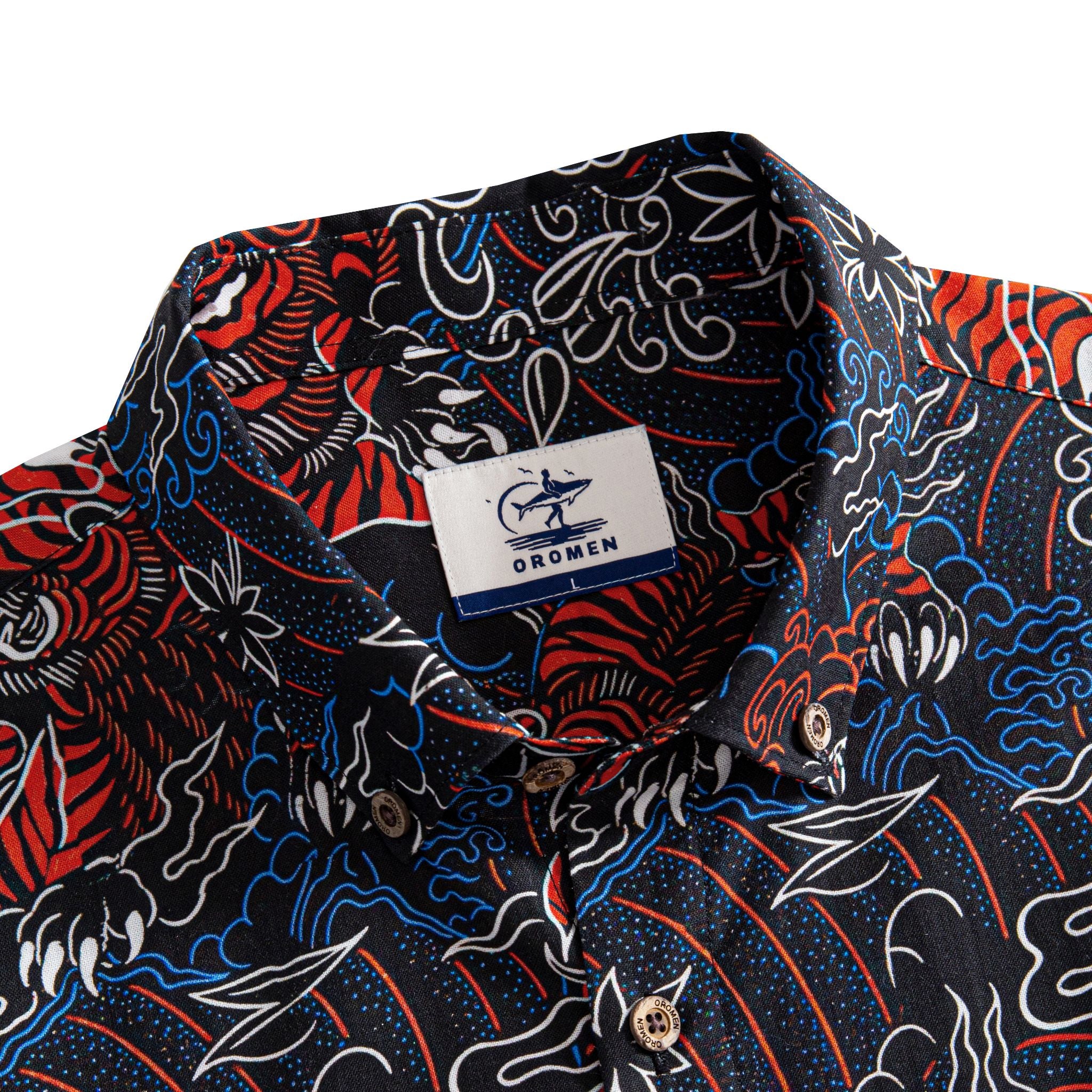 OROMEN Tiger Wave shirt – collar close-up with OROMEN brand label and size tag button-down collar and coconut button detail on Japanese tiger and wave print