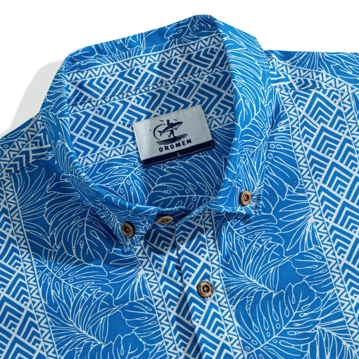 OROMEN Totem And Leaf Hawaiian Shirt — button-down collar detail with totem and leaf print
