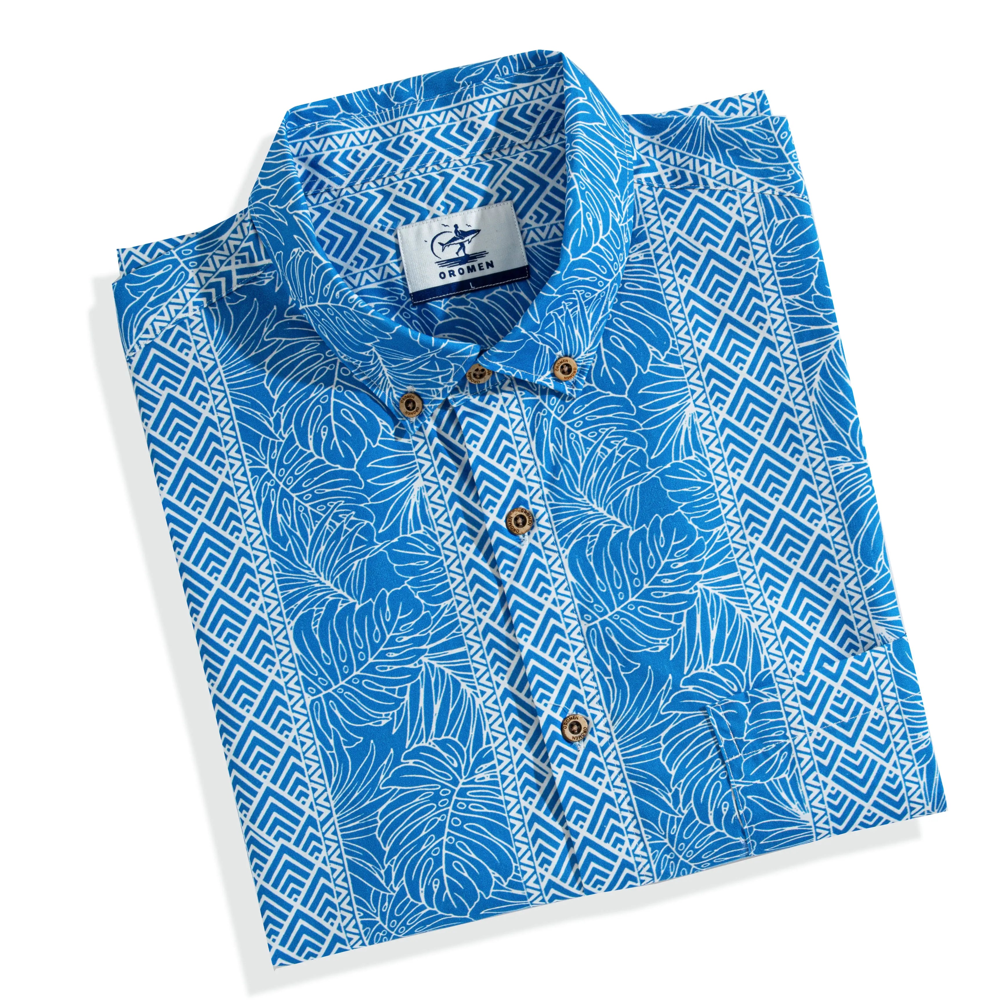OROMEN Totem And Leaf Hawaiian Shirt flat lay — hand-painted blue totem and leaf prin