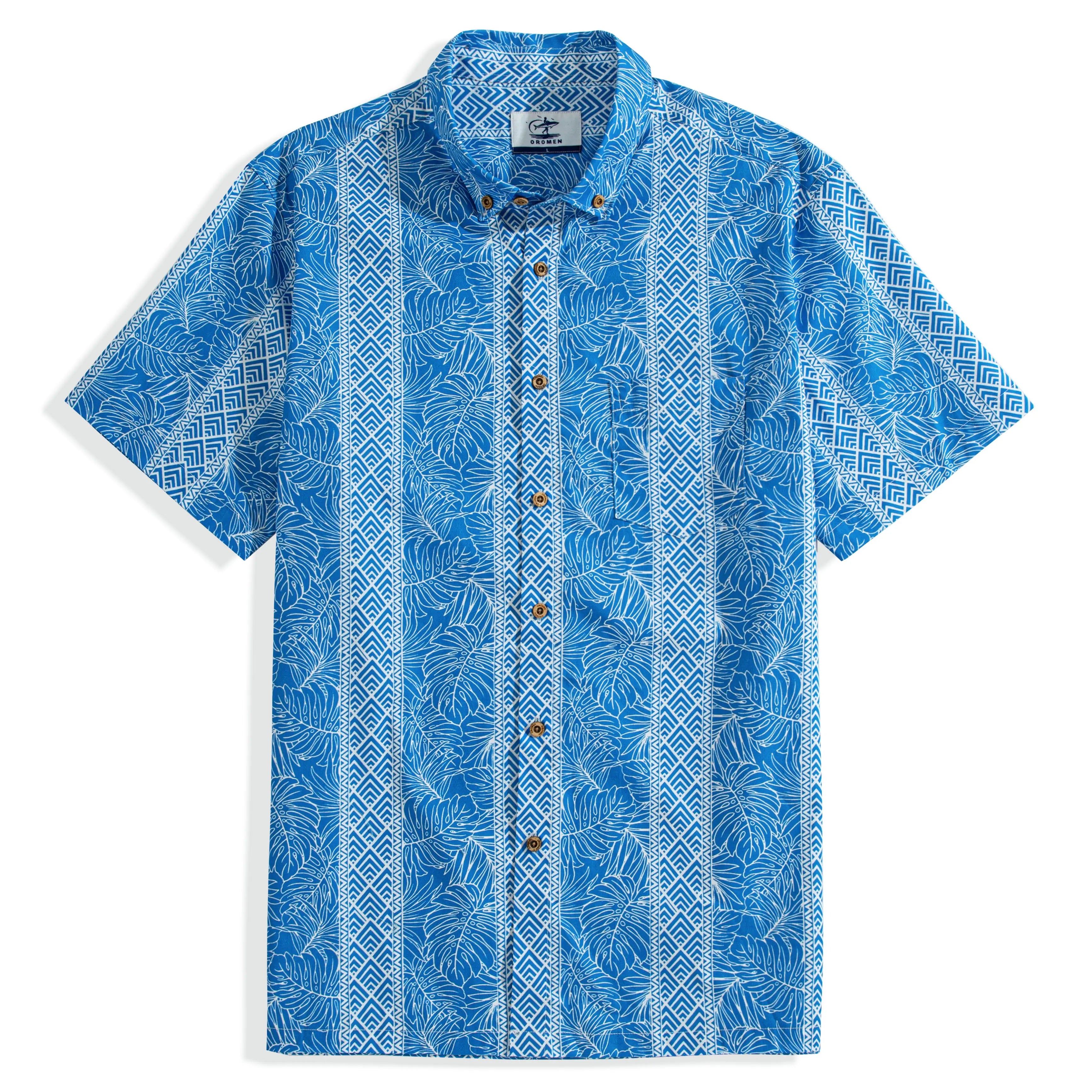 OROMEN Totem And Leaf Hawaiian Shirt front view — hand-painted totem and leaf print in blue