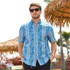 OROMEN Totem And Leaf Hawaiian Shirt worn on model — blue totem and leaf aloha shirt