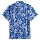 OROMEN Tropical Paradise Hawaiian Shirt – back view showing all-over white pineapple, hibiscus and tropical leaf print on navy blue Cotton-Tencel blend, short sleeve with back box pleat