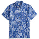 OROMEN Tropical Paradise Hawaiian Shirt – front full view on white background, navy blue with all-over white hand-painted hibiscus, pineapple and tropical leaf print, button-down collar, coconut buttons and chest pocket