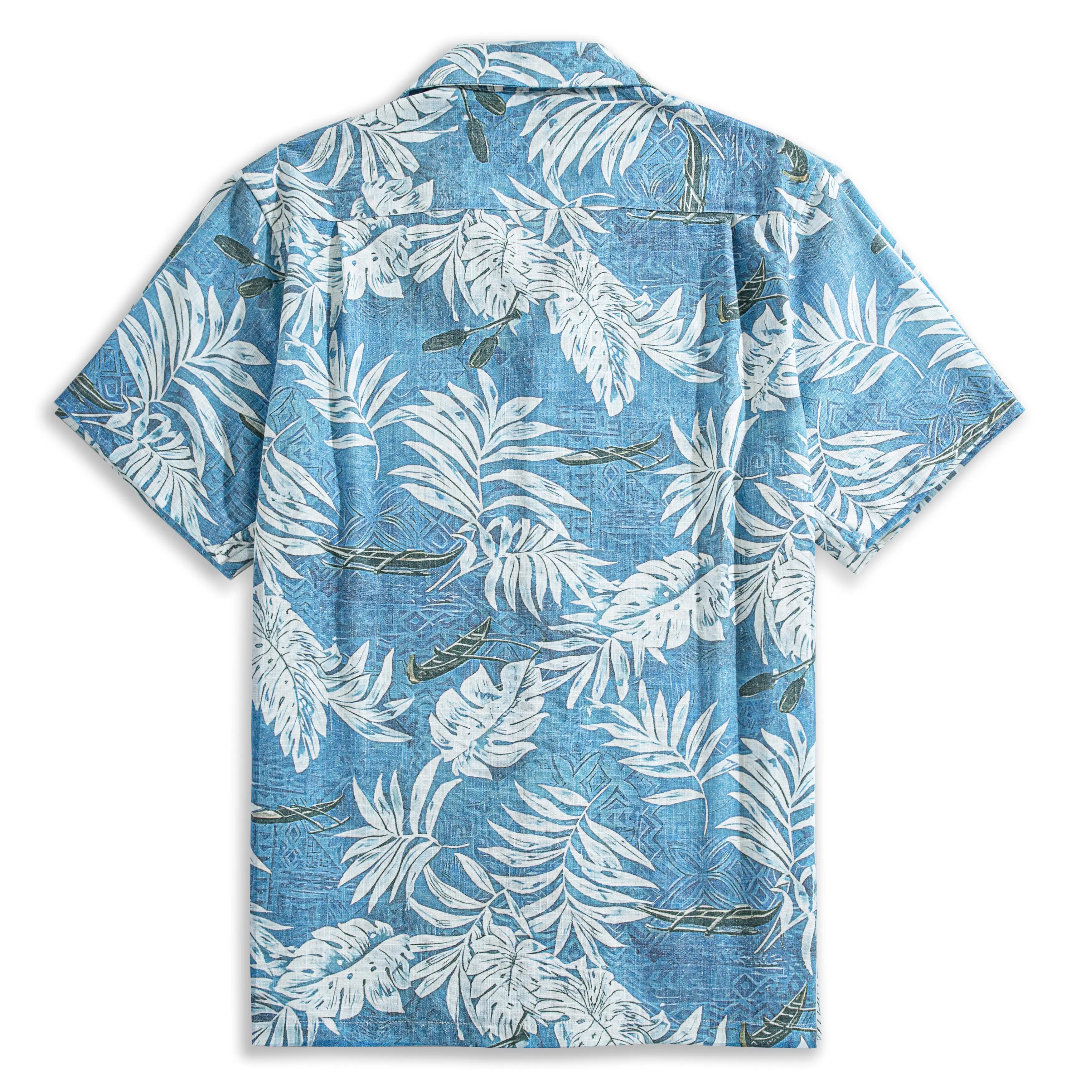 OROMEN Tropical Totem Aloha Shirt – Back View  Blue Hawaiian Print