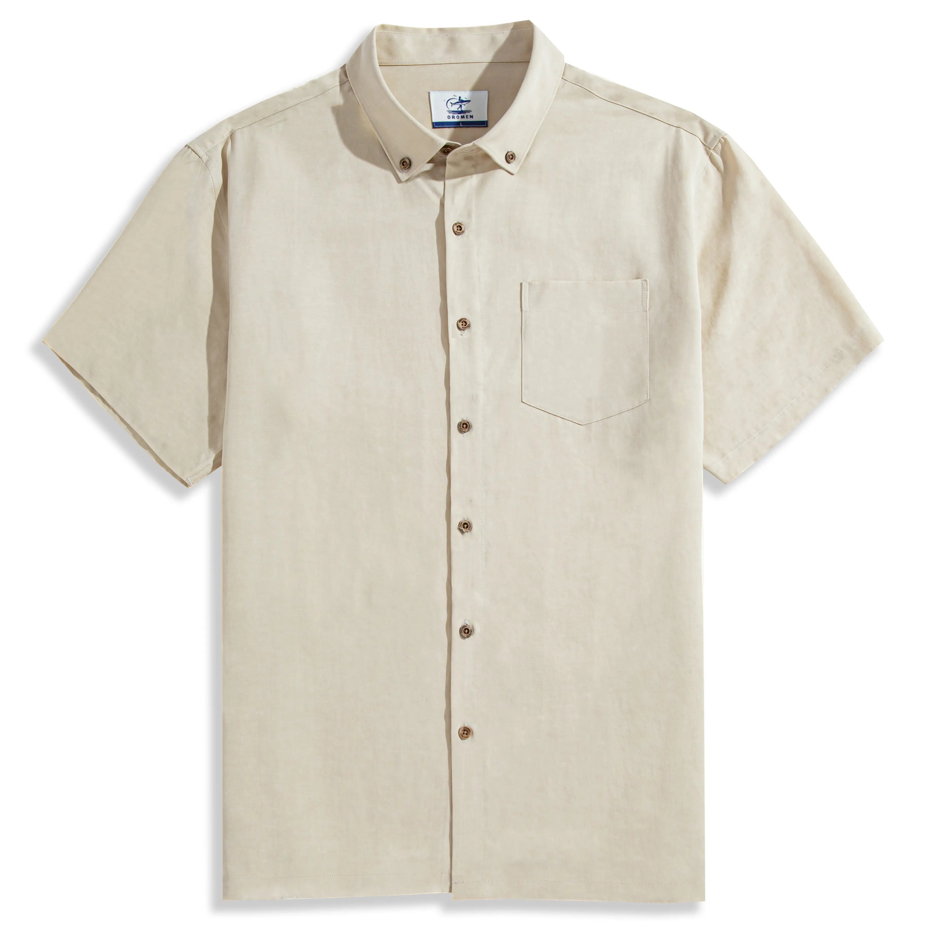 OROMEN Versatile Shirt flat lay – beige Tencel™ linen blend with coconut buttons and chest pocket