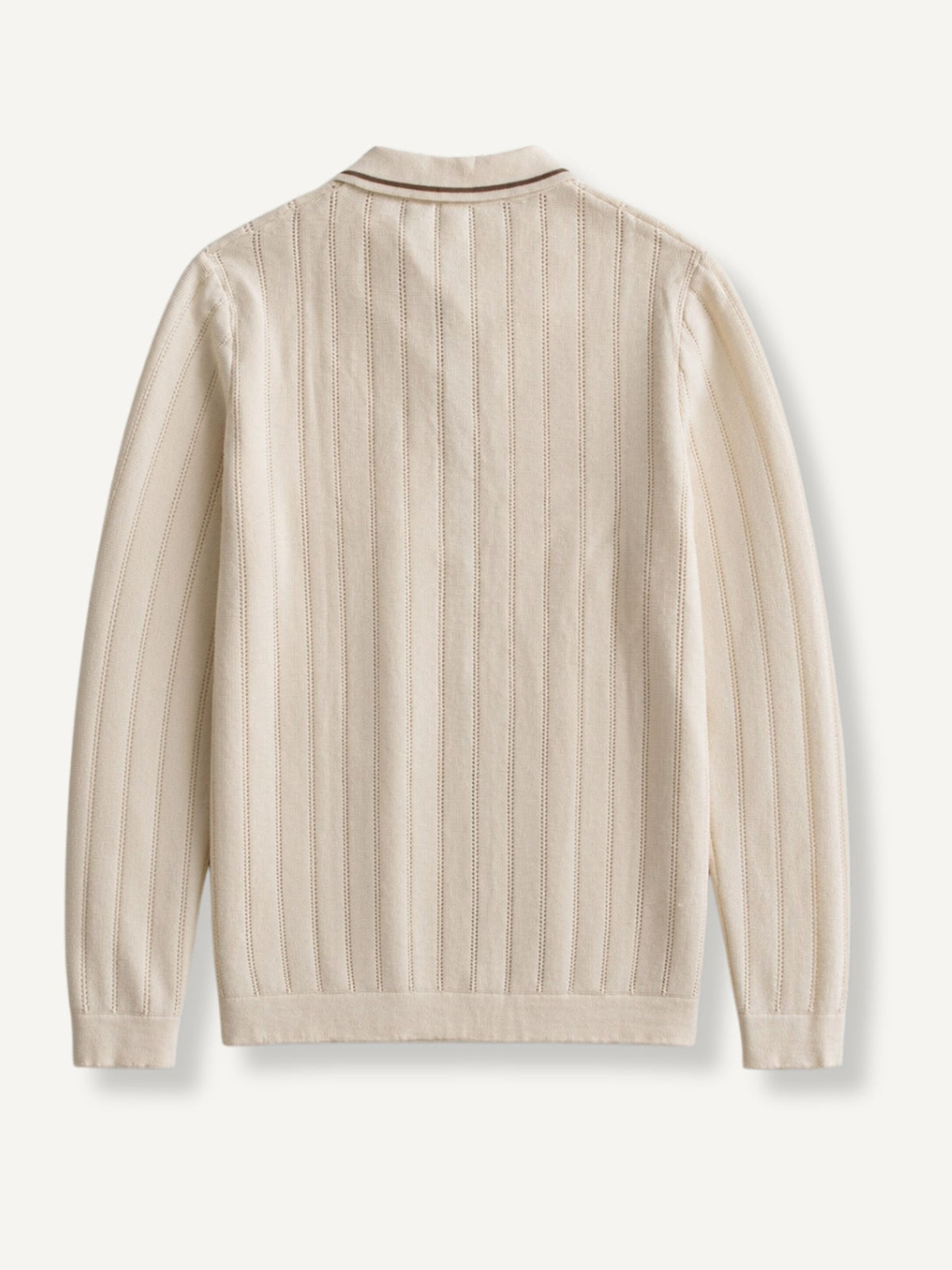 OROMEN Vertical Stripe Contrast Knit Polo back flat lay showing continuous vertical stripe texture