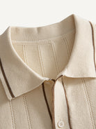 OROMEN Vertical Stripe Contrast Knit Polo collar detail showing spread collar with brown piping