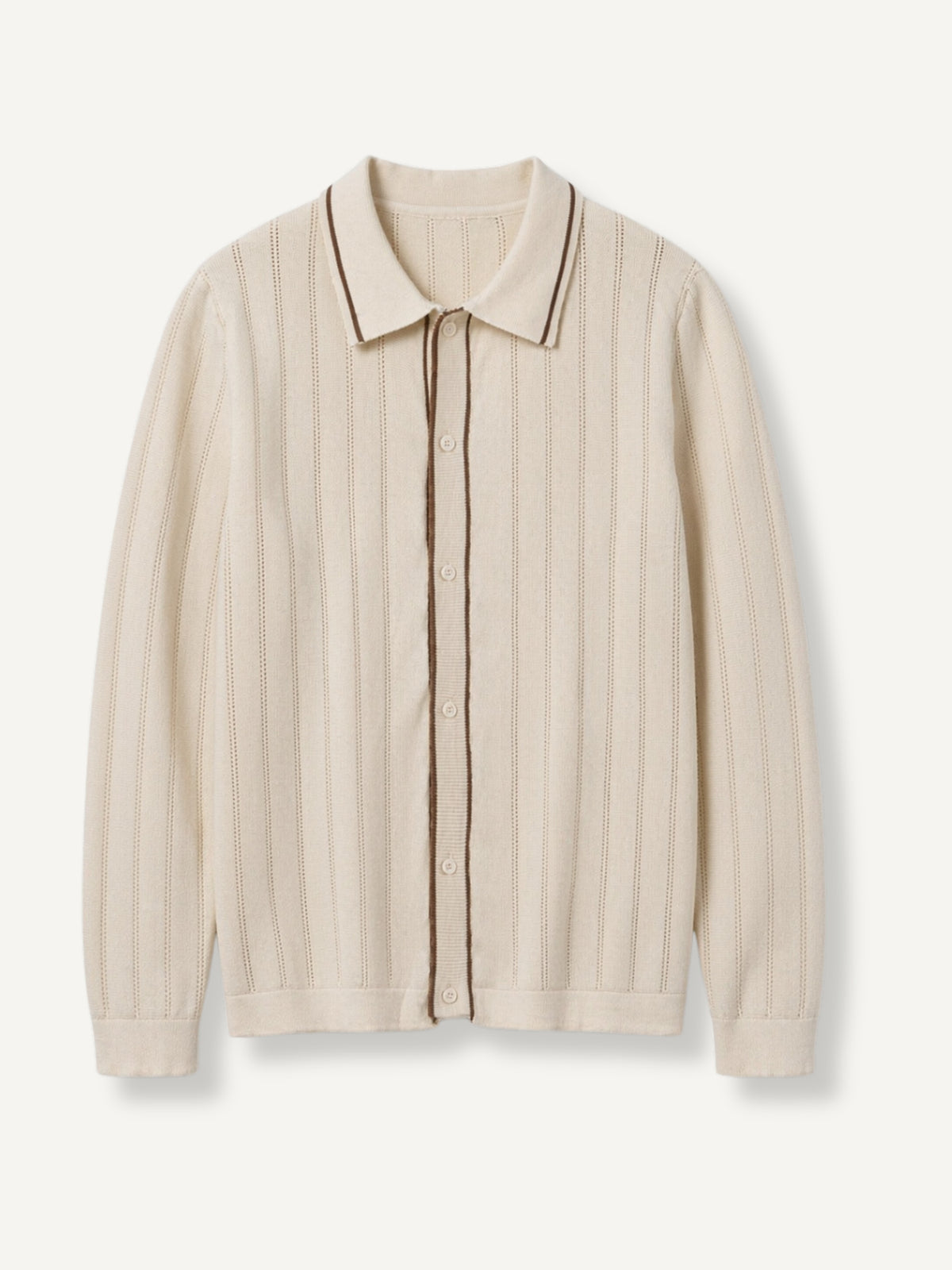 OROMEN Vertical Stripe Contrast Knit Polo front flat lay in cream white with brown contrast trim